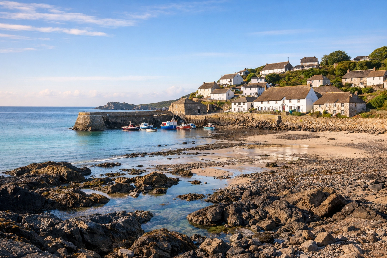 Scenic view of Coverack Beach and harbour, a picturesque location for scattering ashes in Cornwall.