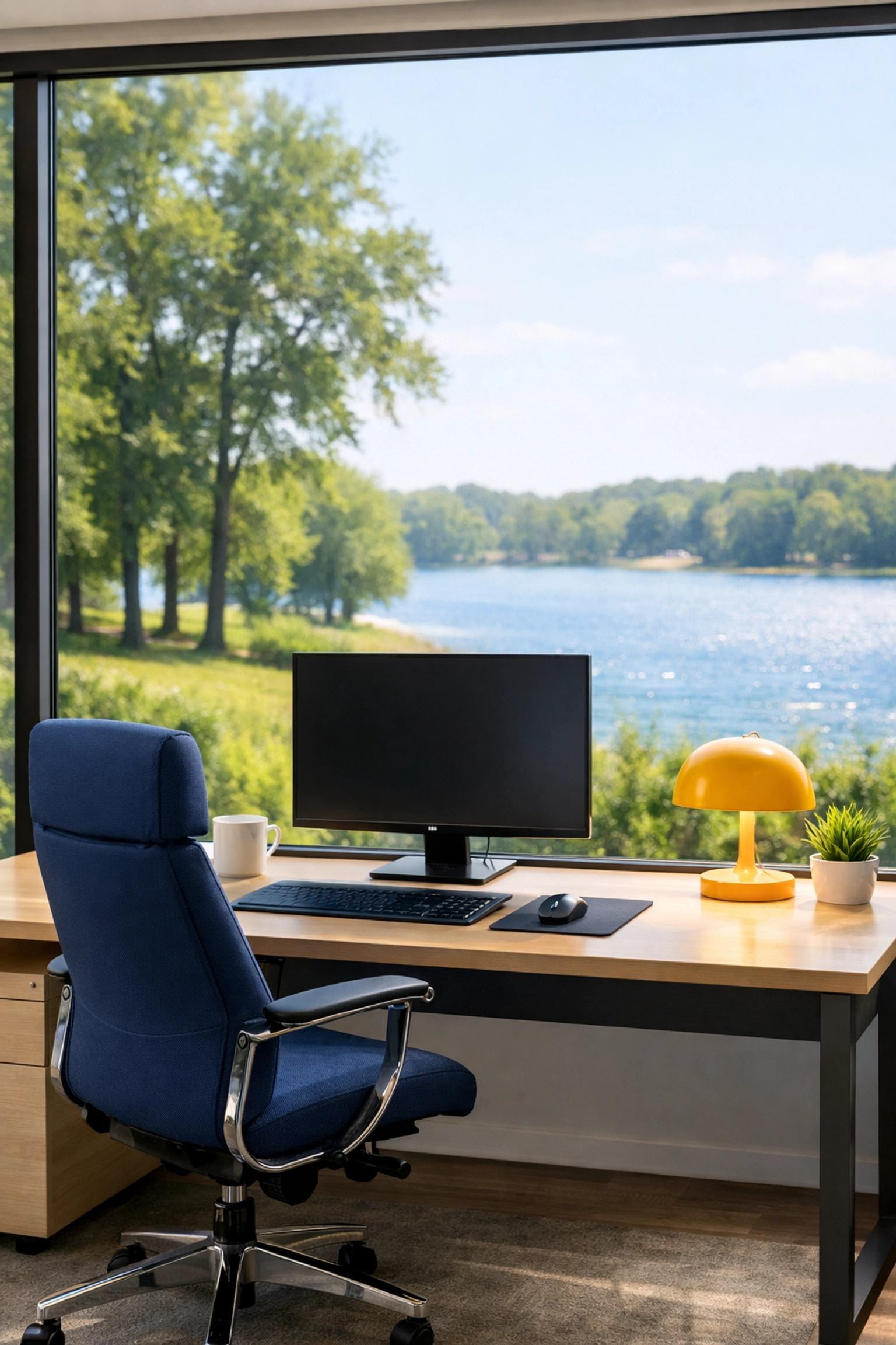 Professional office cleaning in Wakefield MA showing a dust-free workstation overlooking a lake.