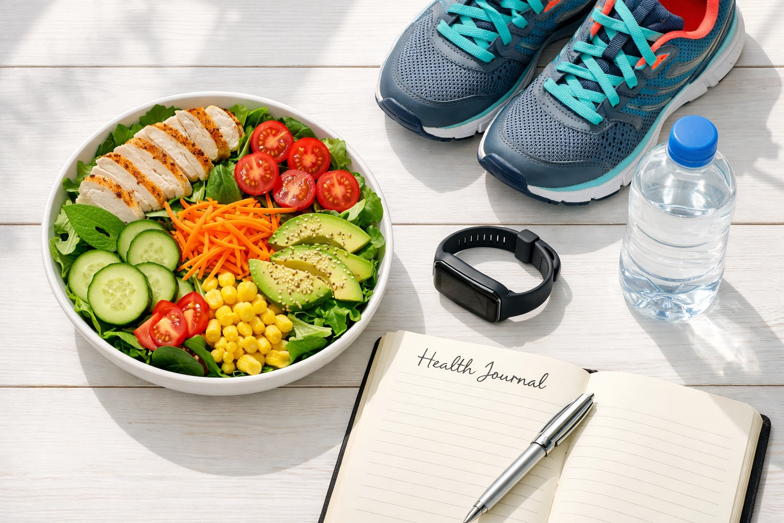 Healthy lifestyle components including nutritious food, exercise equipment, and wellness tracking tools