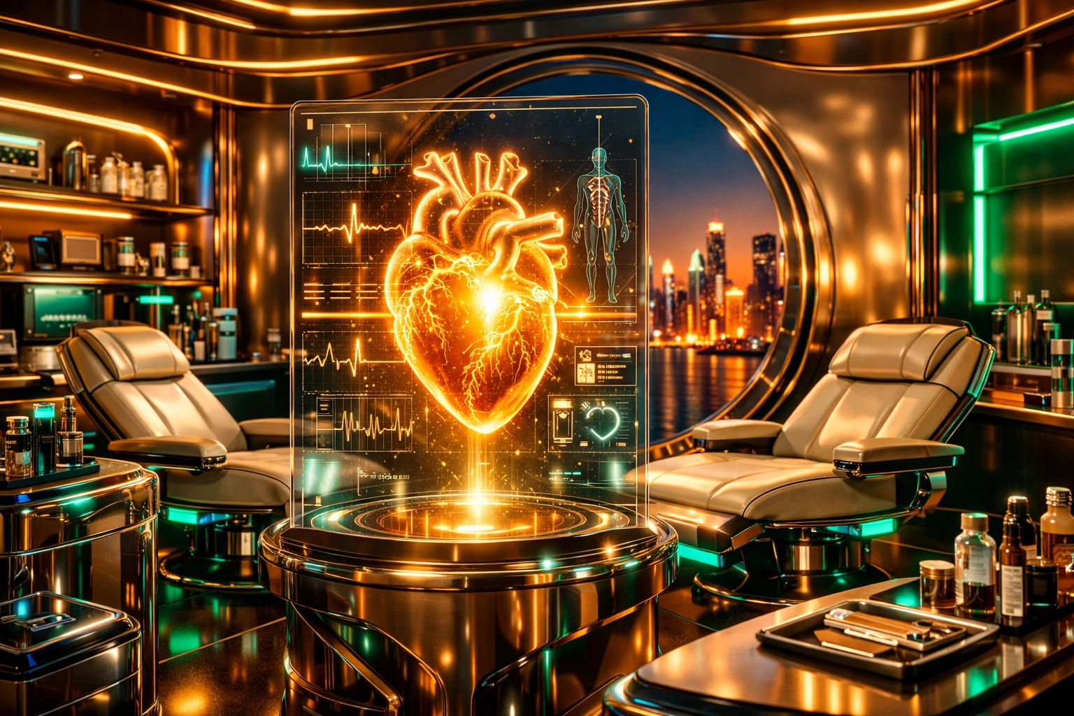 A futuristic glowing heart hologram in a modern medical lounge, representing sexual health wellness.