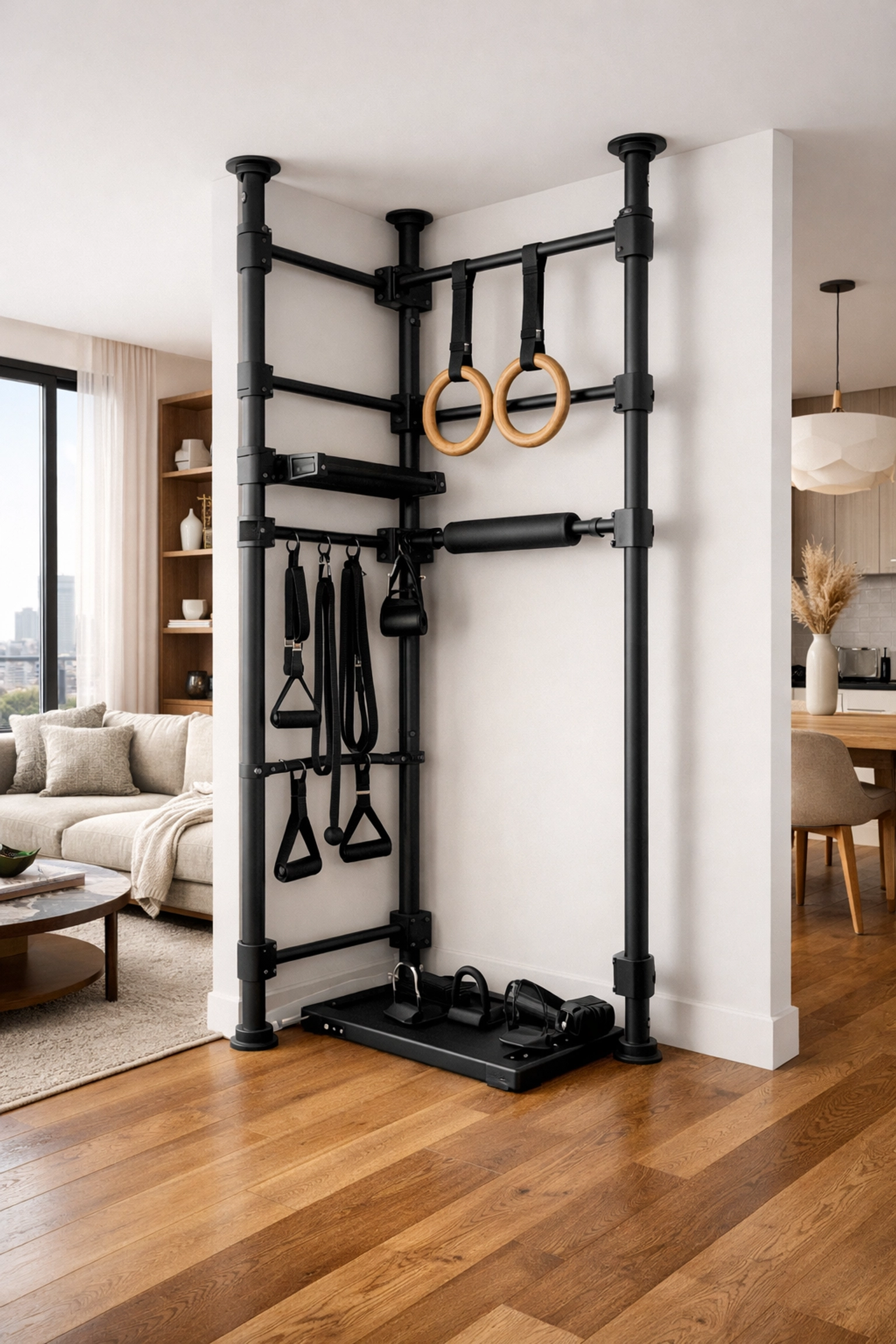 Versatile home gym with a no wall damage workout system and floor to ceiling rail in a modern apartment.