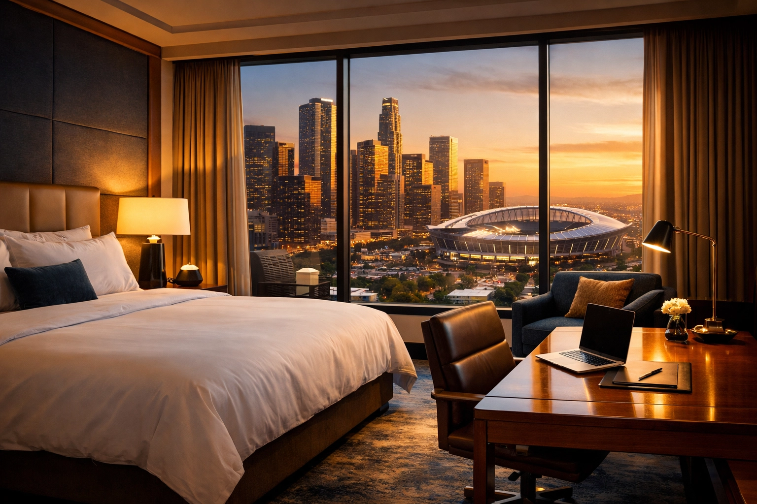 Luxury executive hotel suite with stadium view for Super Bowl corporate travel