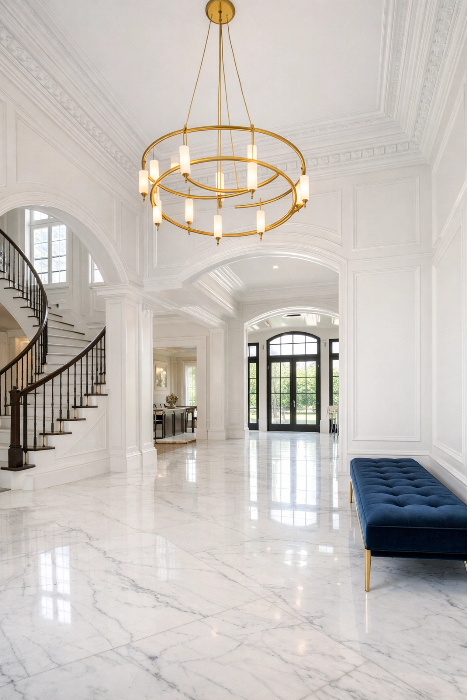 Pristine white marble floors in a luxury Dover estate foyer, showing top-tier residential cleaning Massachusetts.