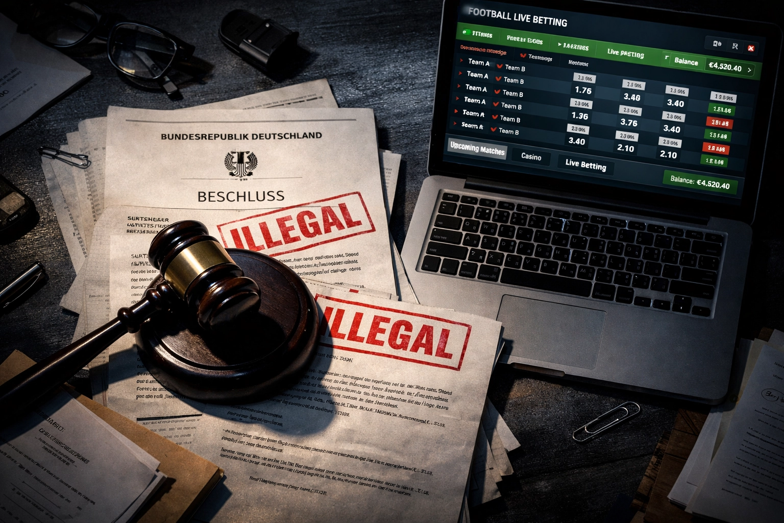 Illegale Sportwetten-Dokumente mit Laptop und Gerichtshammer auf Schreibtisch
