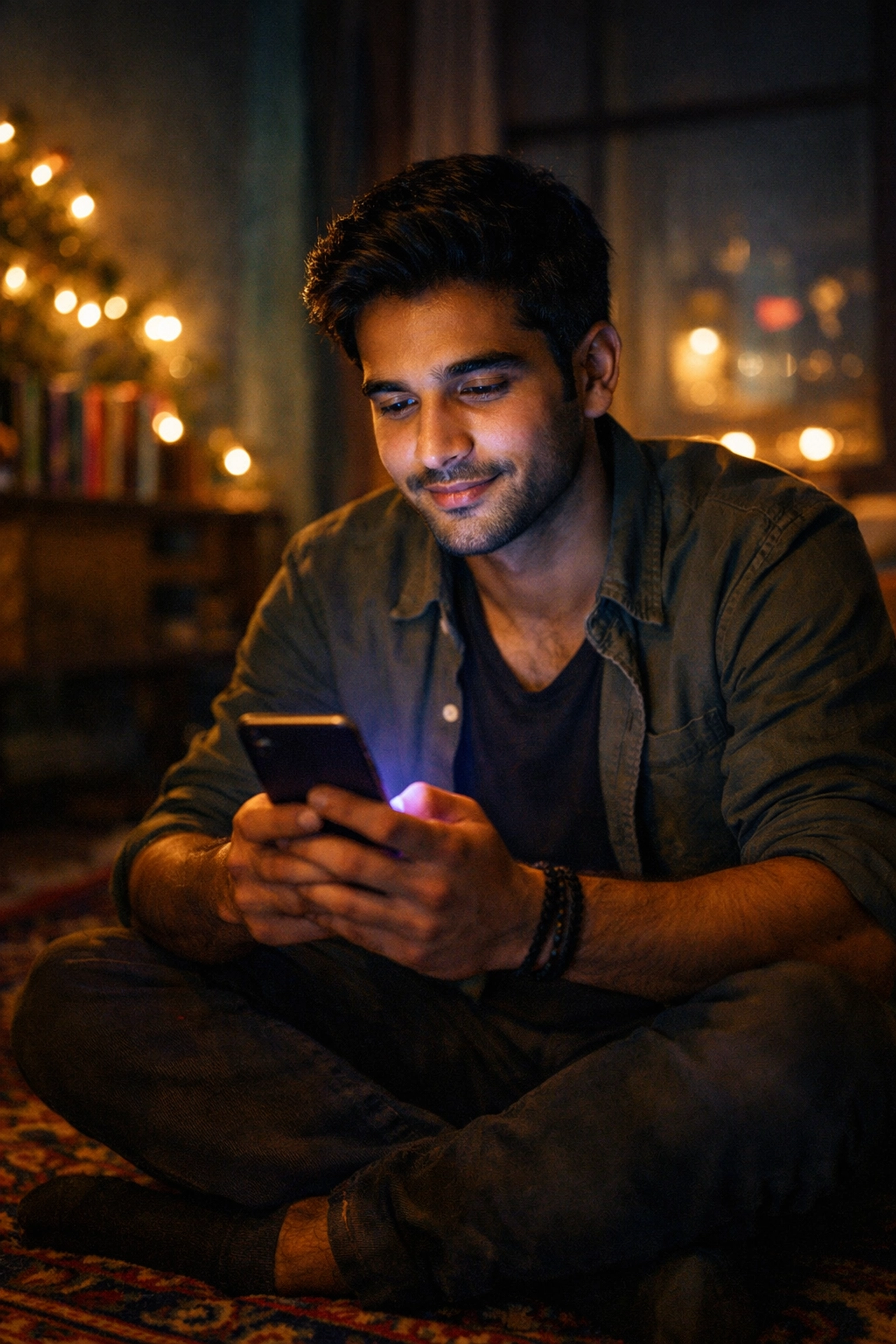 Young South Asian man using a smartphone in a dimly lit room to connect with the queer community.