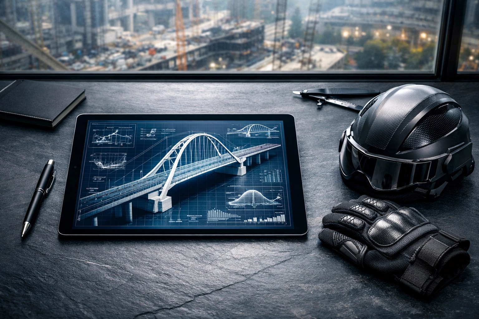 Professional construction planning desk with digital blueprints, a safety helmet, and gloves.