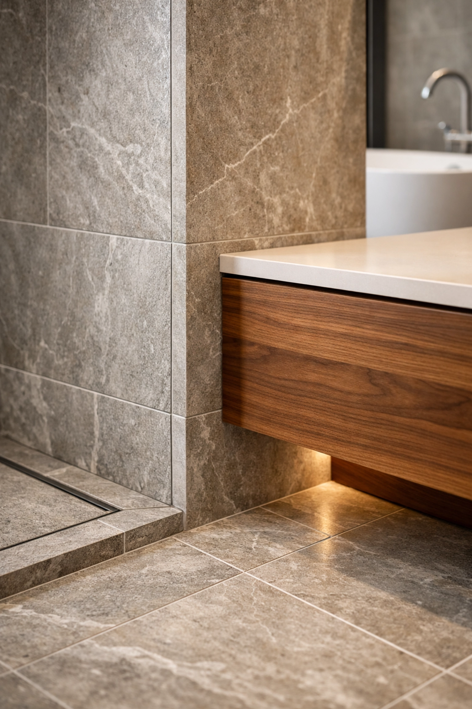 Expertly crafted walk-in shower tile and modern wood vanity highlighting high-quality Orlando bathroom renovation.