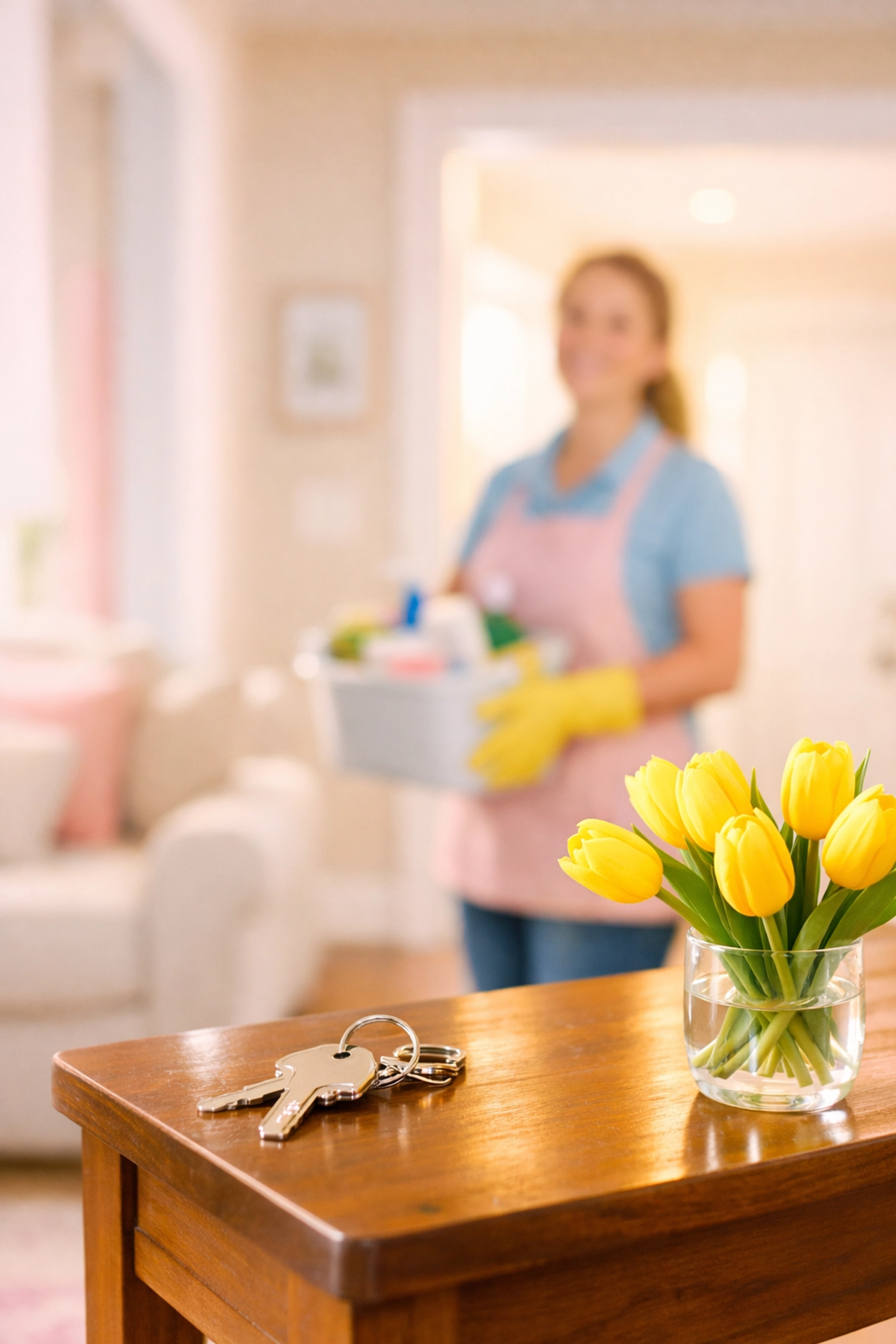 House keys on a clean table signifying a stress-free transition after a professional Cedar Valley move-out clean.
