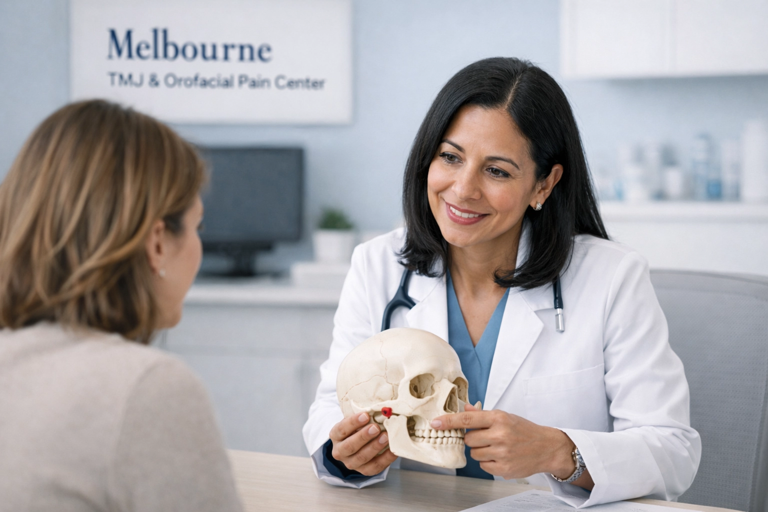 Dr. Hanzara Panol explaining TMJ anatomy to a patient using a jaw model at Melbourne TMJ and Orofacial Pain Center.