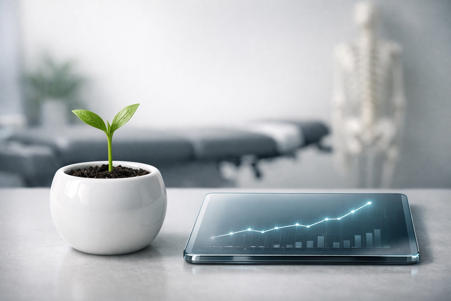 A green sprout and digital tablet showing growth trends for chiropractic patient acquisition ROI.