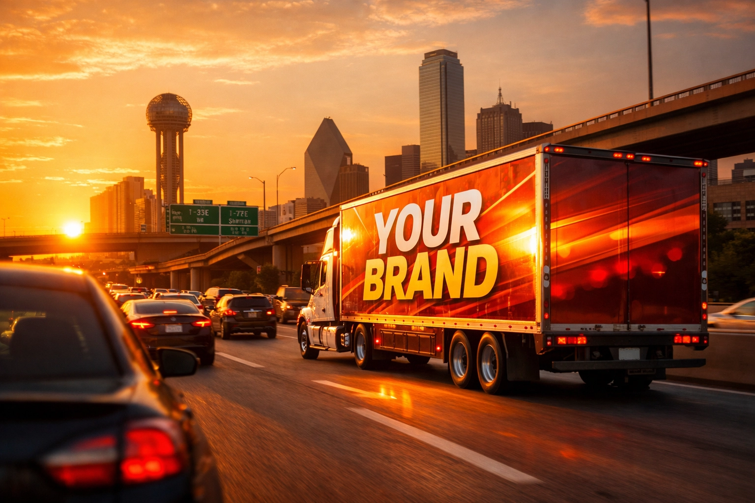 Branded commercial vehicle wrap gaining high visibility during rush hour traffic on a Dallas highway.