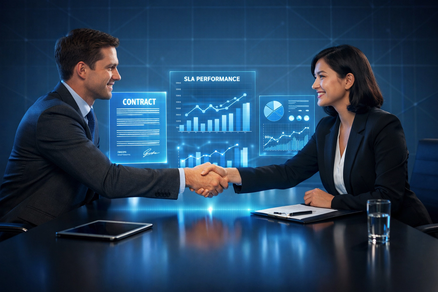 Business professionals reviewing managed IT services SLA agreement and contract terms