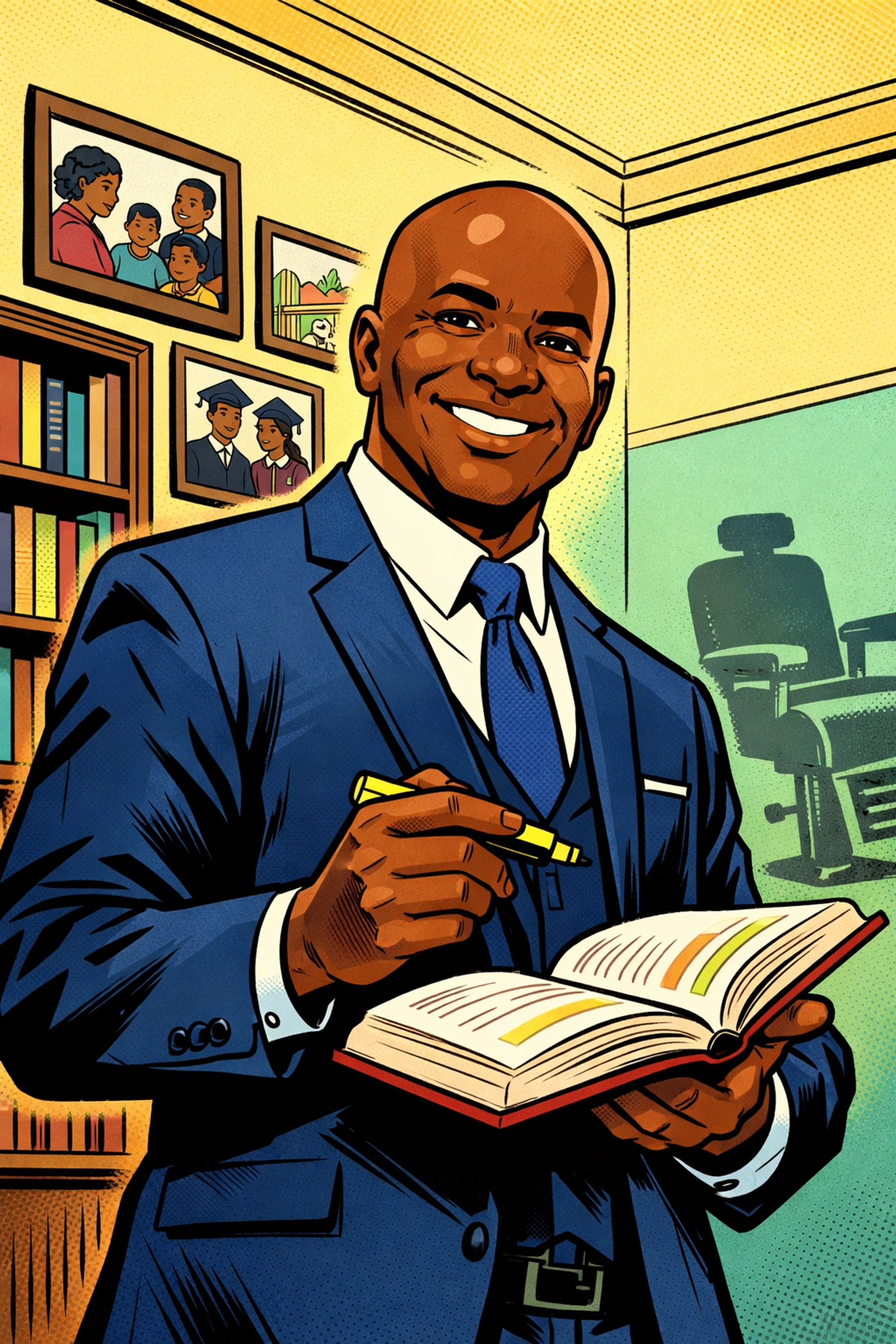 Professor Antonio in a professional suit holding a book in a community barbershop library setting.