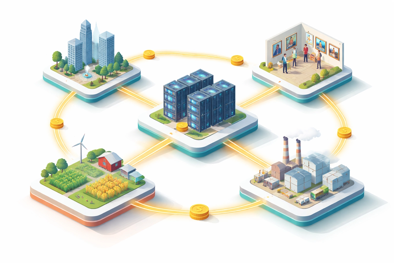 Illustration of a diversified wealth ecosystem featuring real estate, art, farmland, and technology investments interconnected.