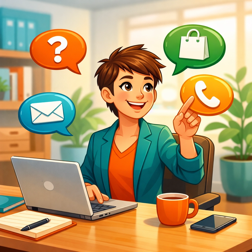 Small business owner managing customer enquiries and digital leads in a professional office.