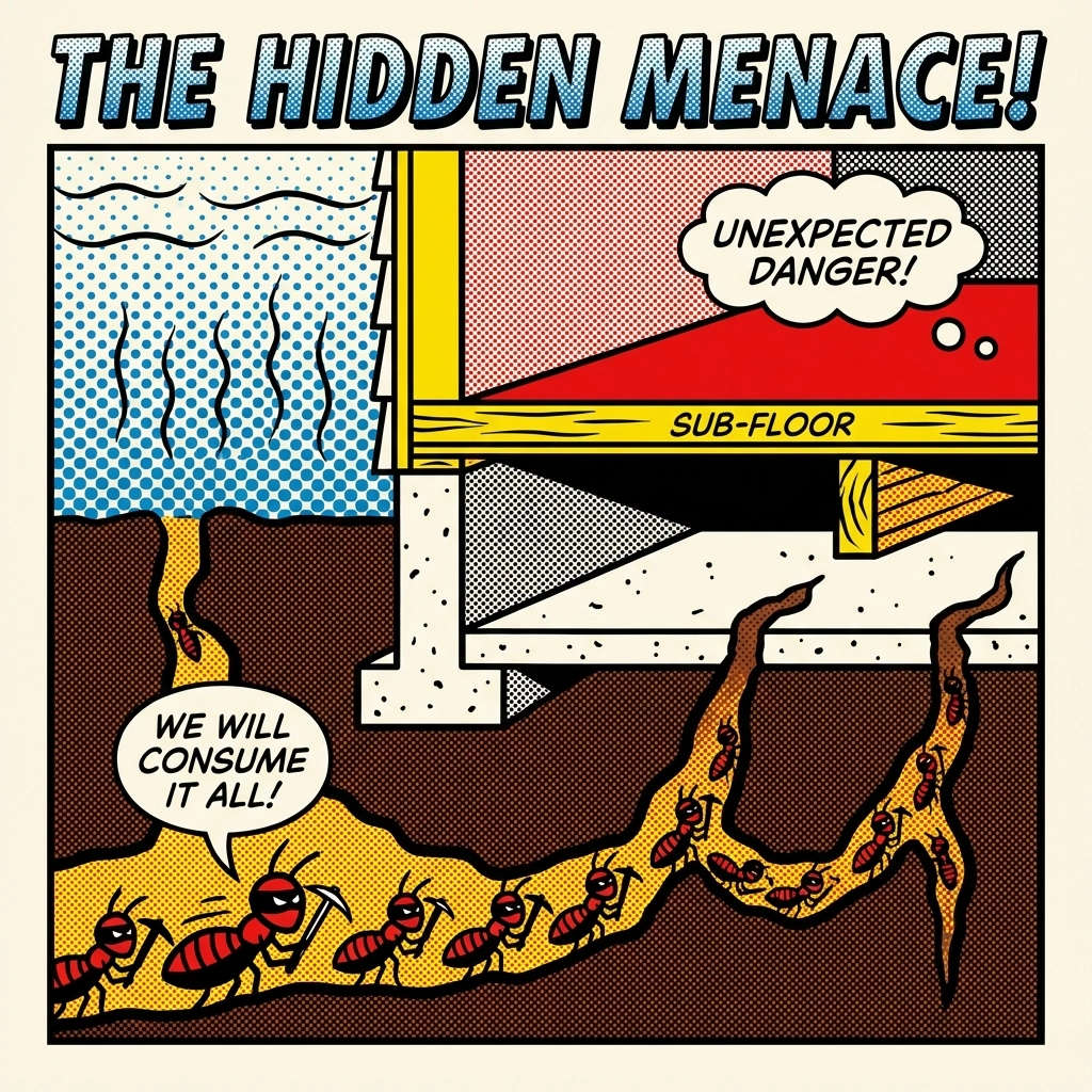 Illustration of termites building mud tubes into a Jasper, AL home foundation, highlighting the hidden threat and need for termite control.