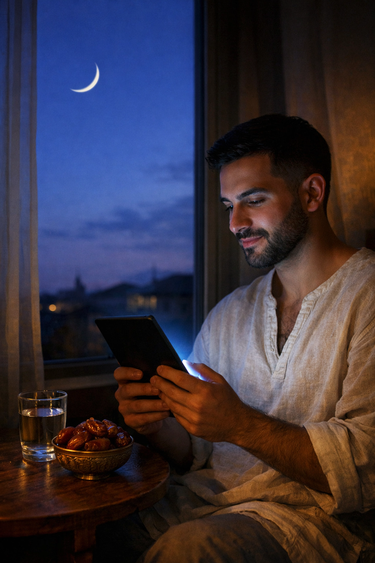 A young gay Muslim man reading an MM romance ebook on a tablet while waiting for Iftar.