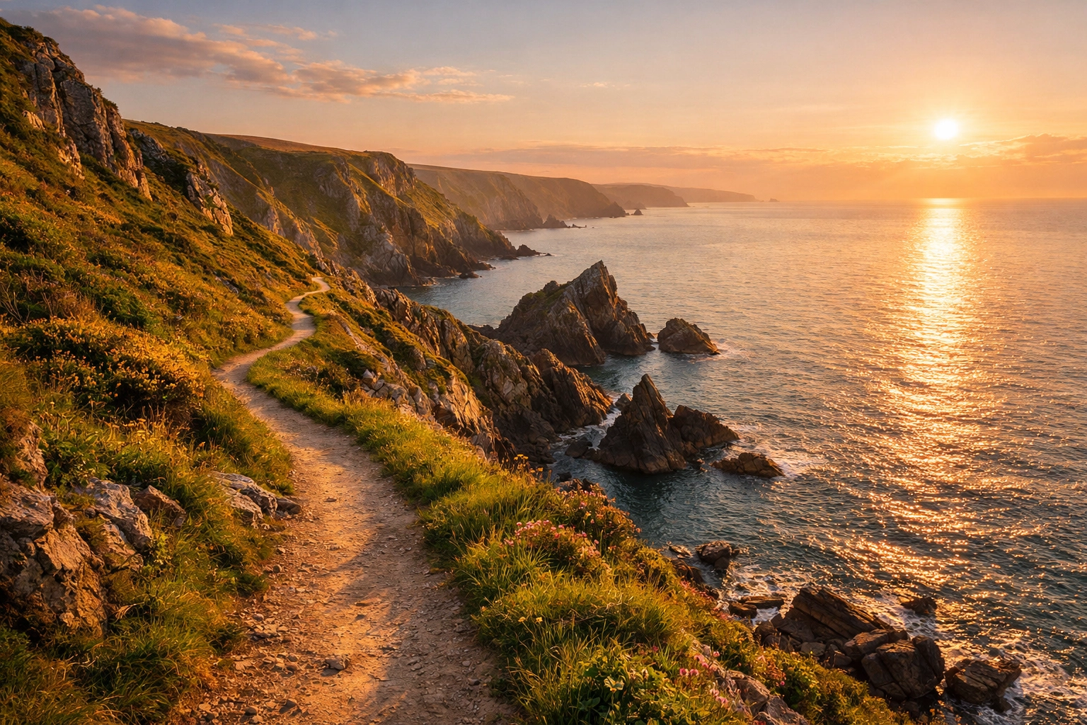 Stunning golden hour landscape of the South West Coast Path overlooking the sea.