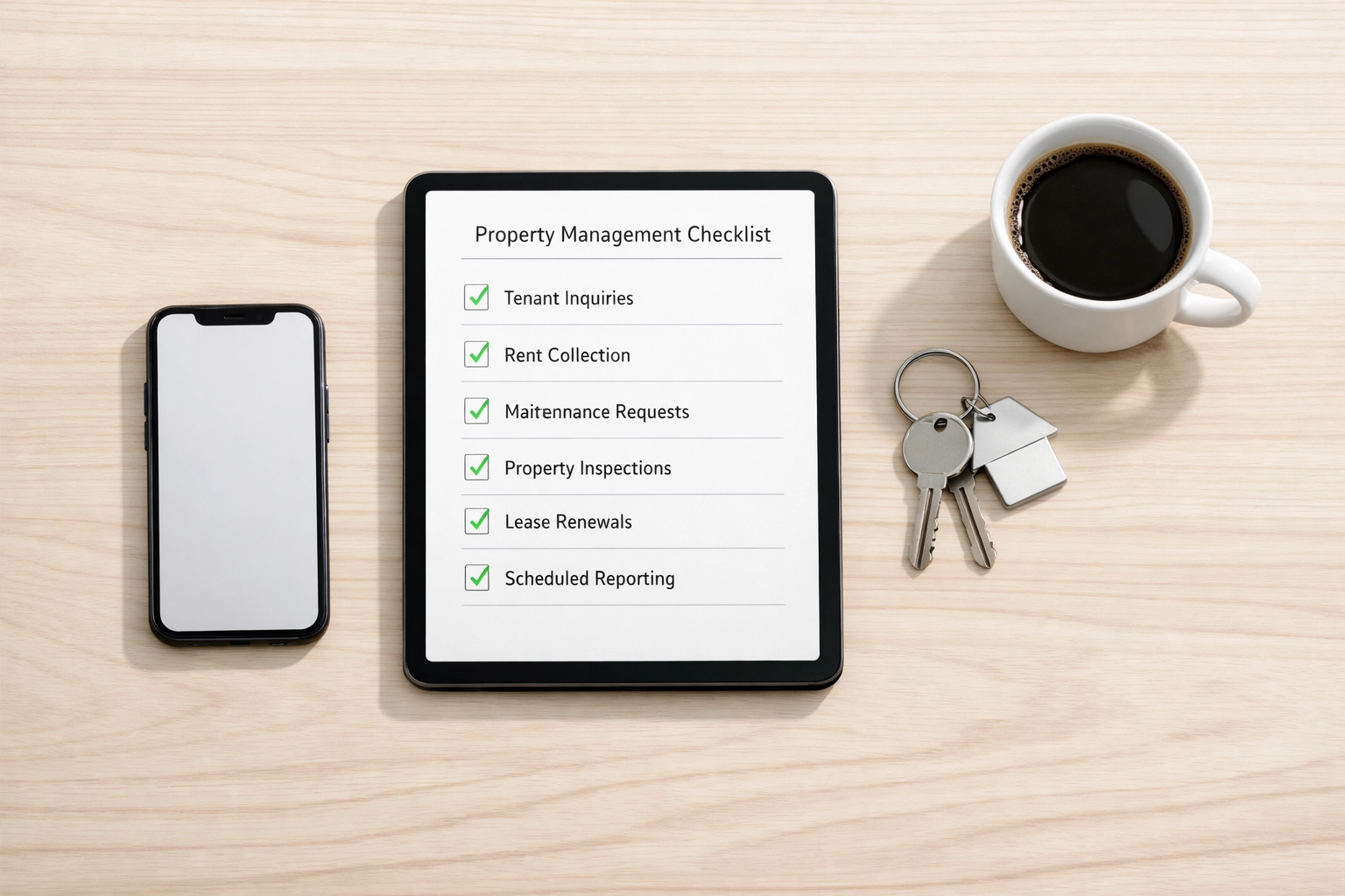 Property manager's desk with apartment turnover checklist and keys ready for unit inspection