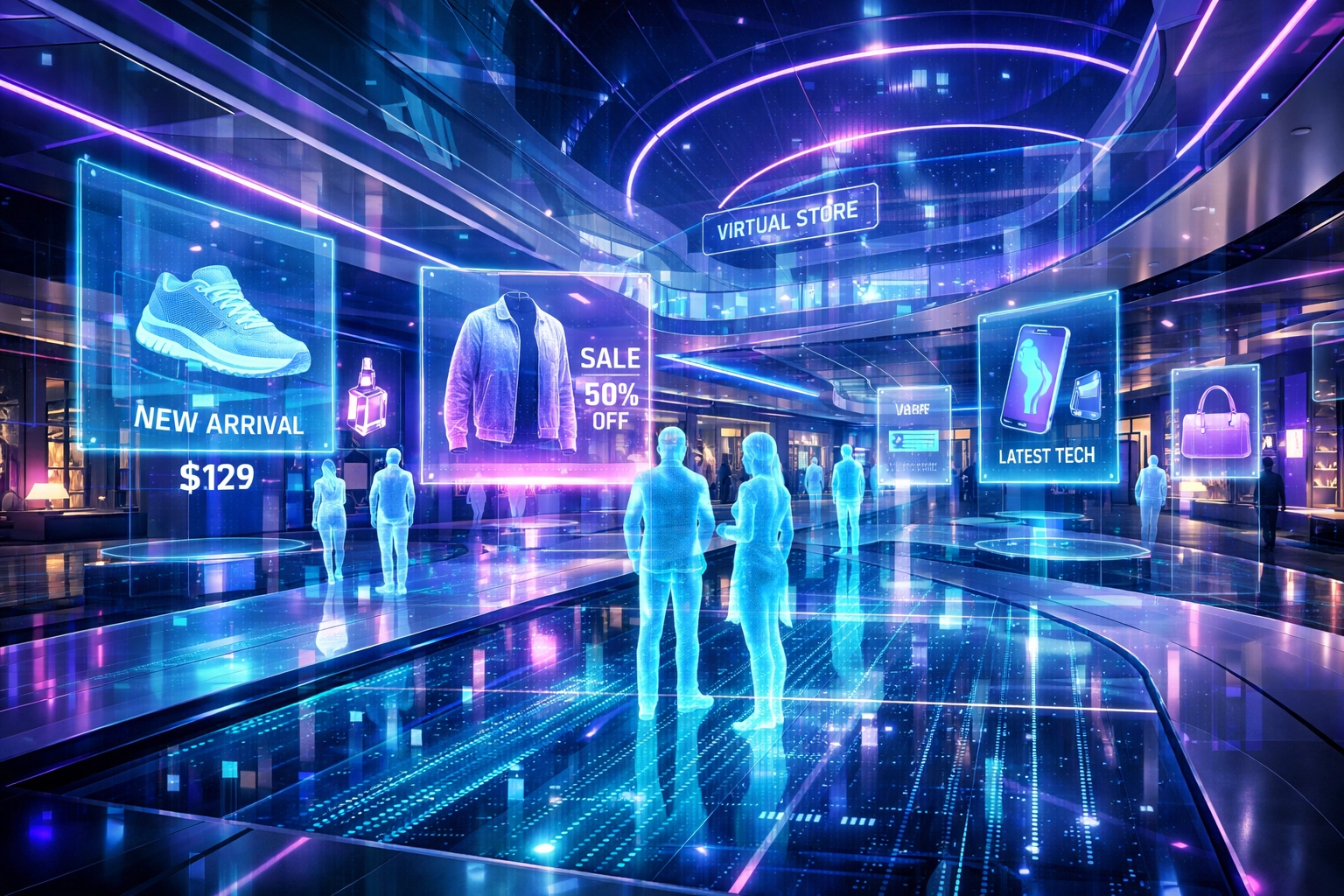 Metaverse shopping mall with avatars browsing holographic storefronts and crypto payment displays