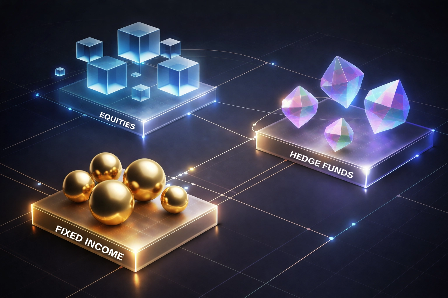 Balanced investment portfolio illustration with equities, fixed income, and hedge funds highlighting diversification benefits for institutional investors.