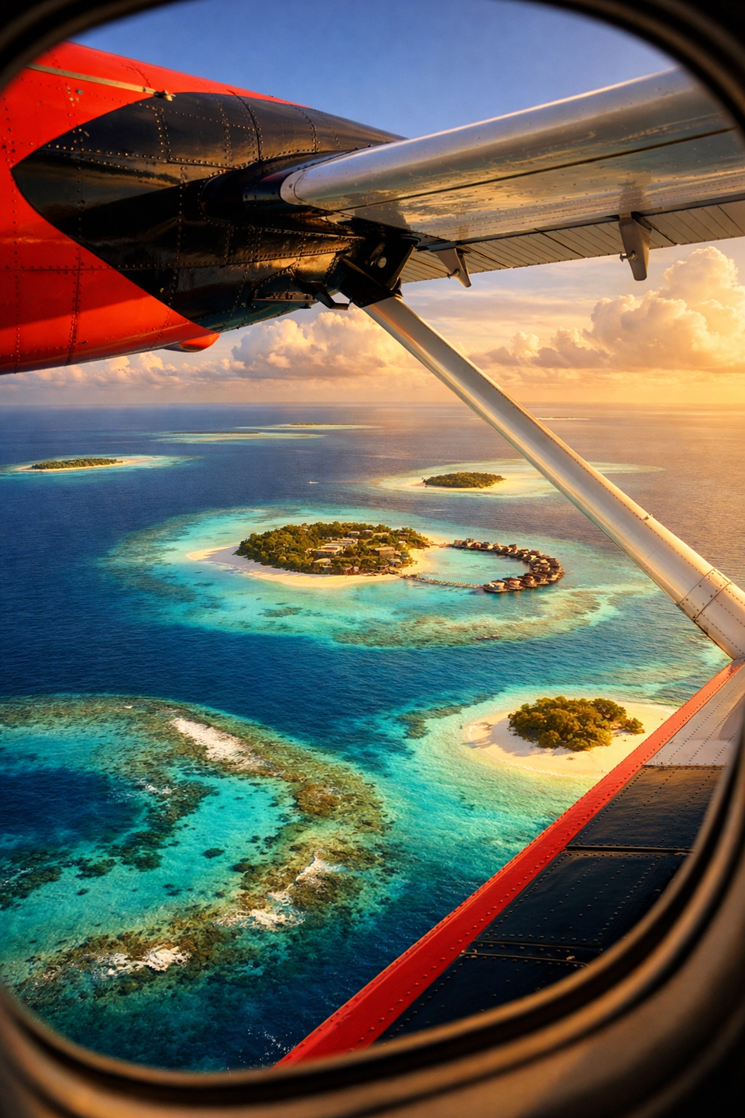 Aerial view from seaplane window over turquoise Maldivian atolls and coral reefs during luxury travel journey