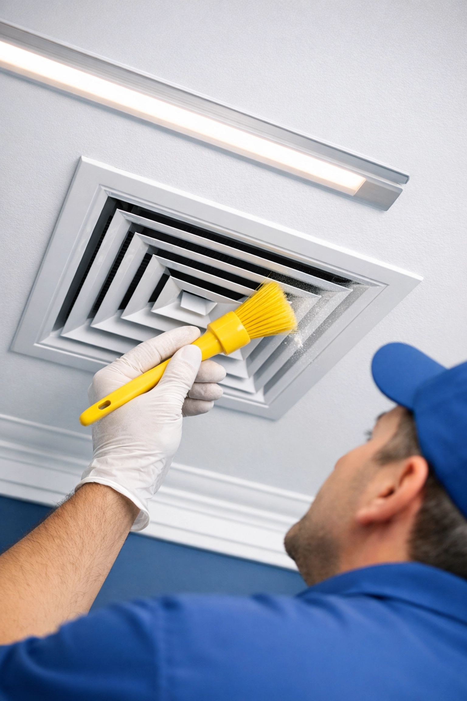 Detailed cleaning of an HVAC vent and light fixture to remove fine dust after post-construction cleaning MA.