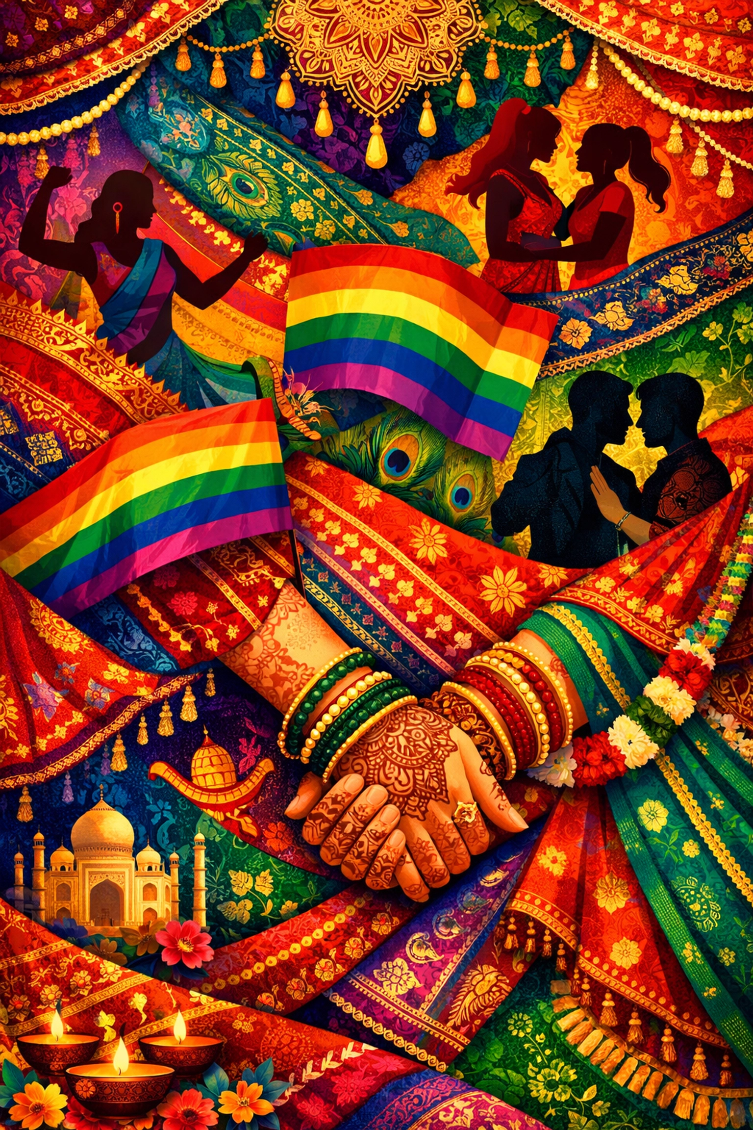 South Asian LGBTQ+ pride celebration blending Indian textiles, mehendi, and rainbow flags