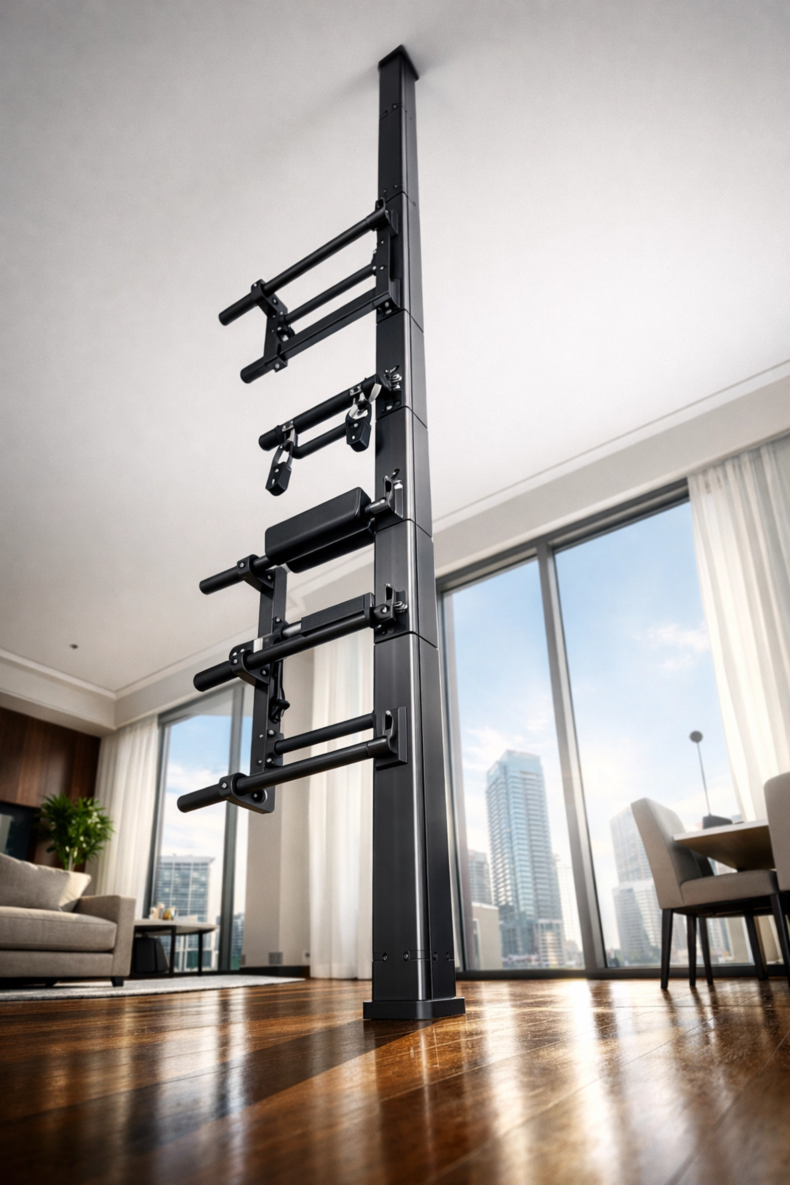 Industrial style floor to ceiling gym system installed in a modern apartment as a no wall damage workout system.