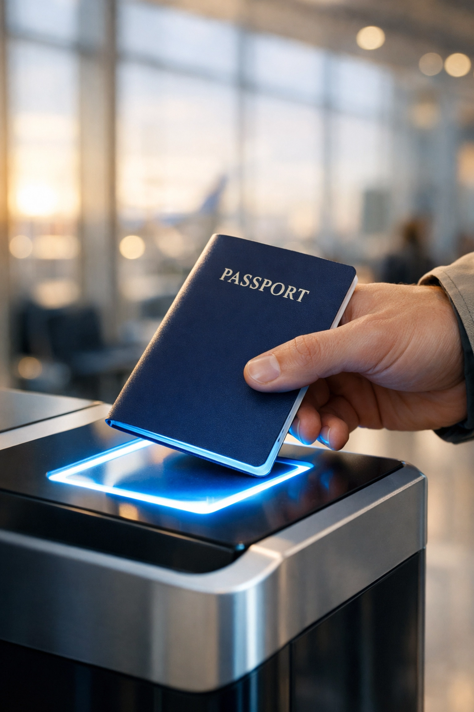 A traveler scanning a passport at a European airport for 2026 EES and ETIAS digital entry requirements.