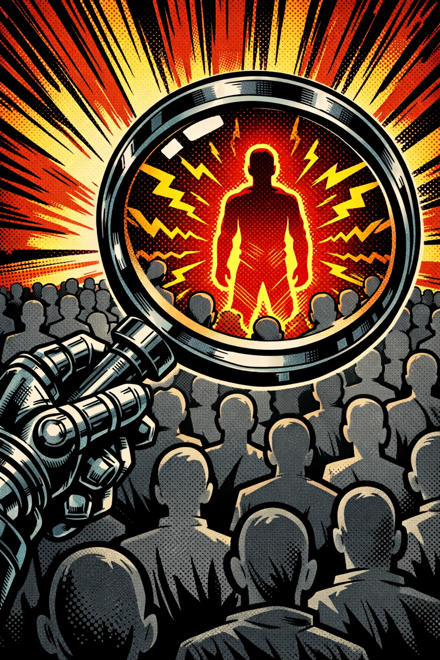 Robotic hand using a magnifying glass to identify high-priority sales leads through automated lead scoring.