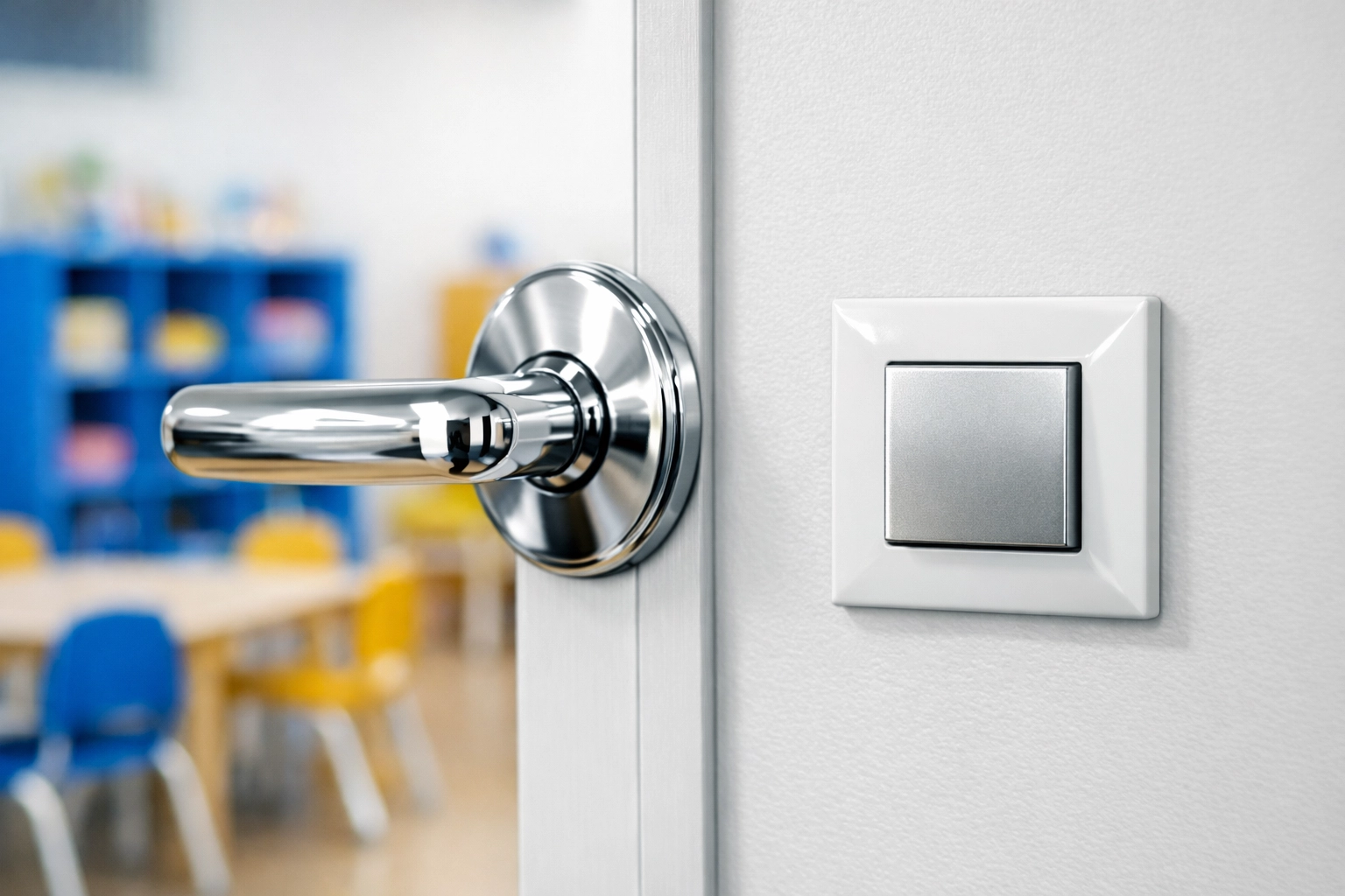 Clean door handle and light switch in a sanitized Fitchburg school classroom environment.