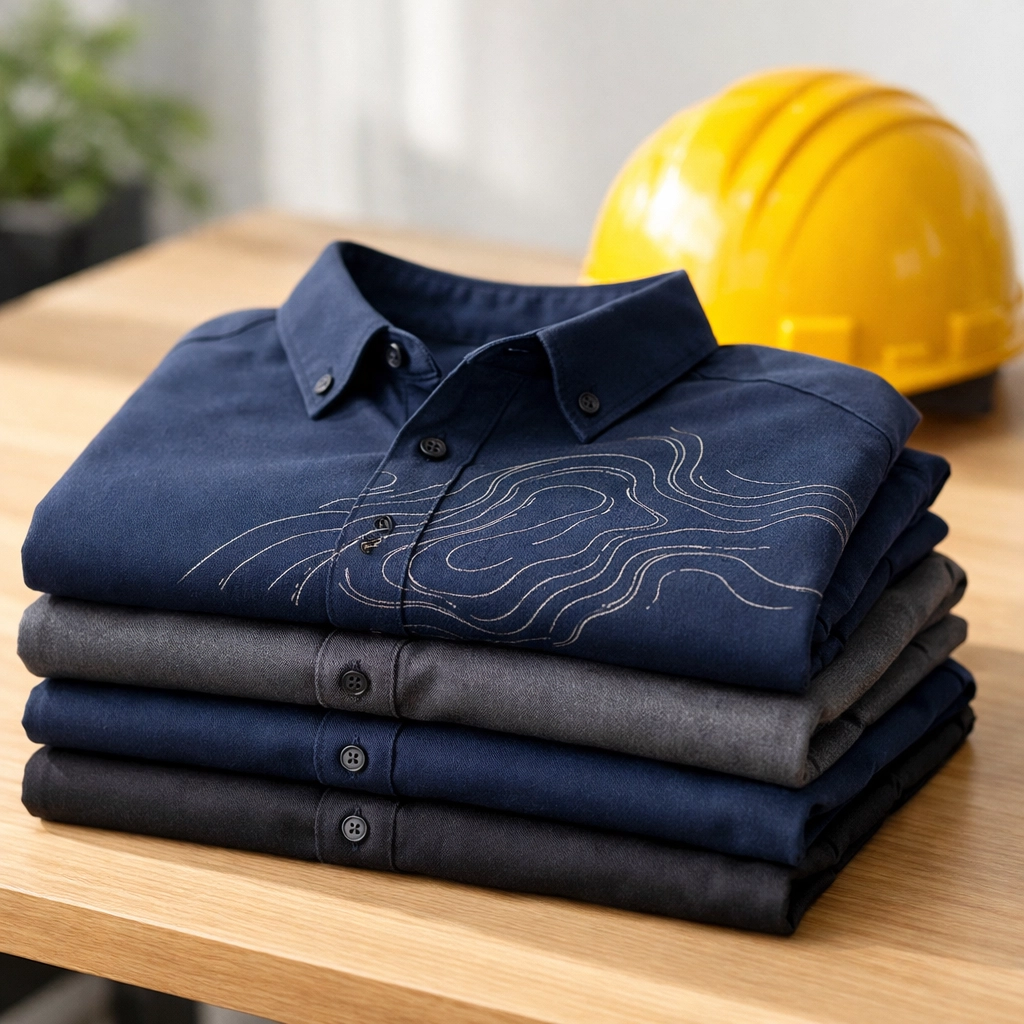 Folded bulk custom t-shirts for construction crews featuring minimalist topography design patterns.