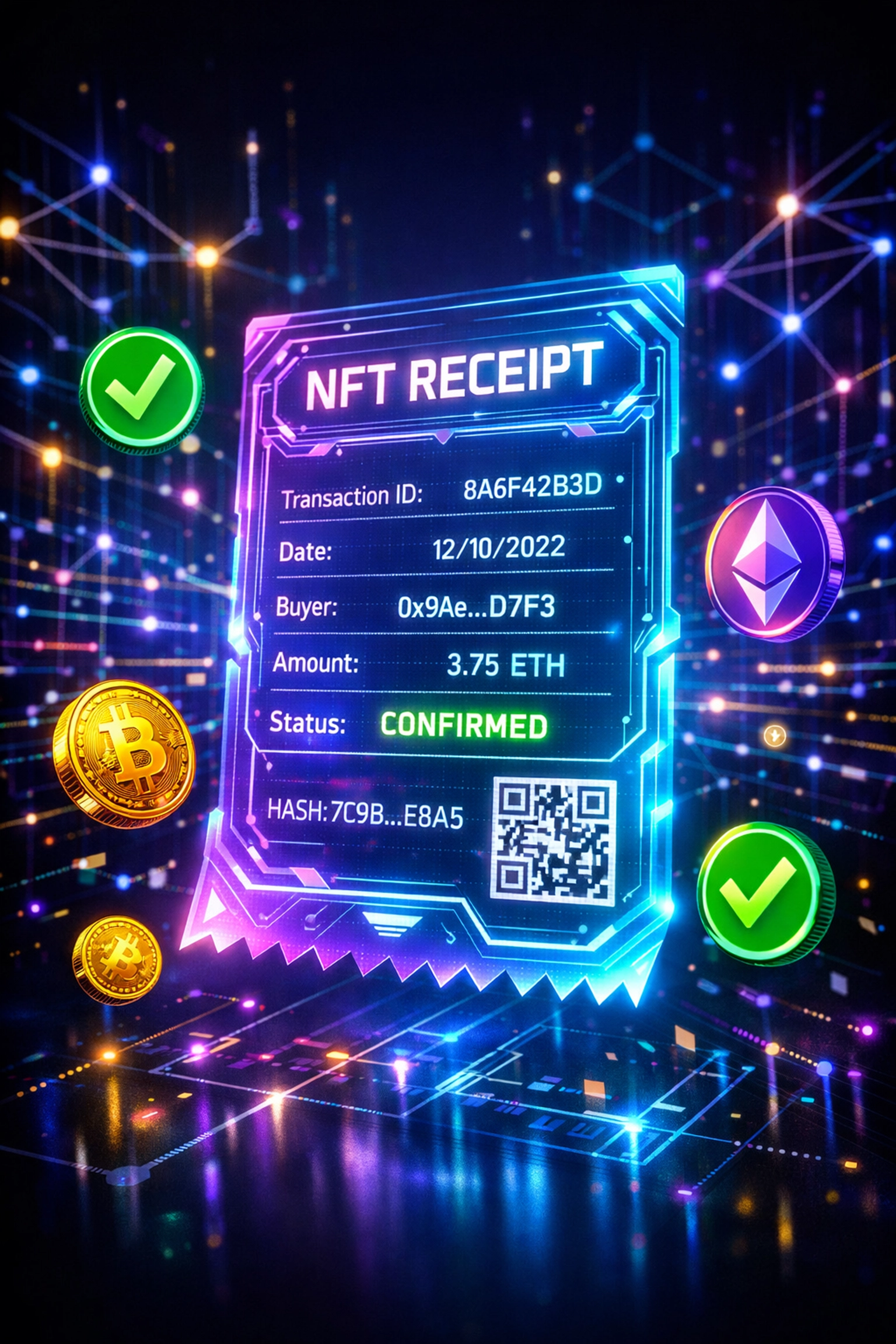 NFT receipt on blockchain showing crypto transaction verification and proof of purchase