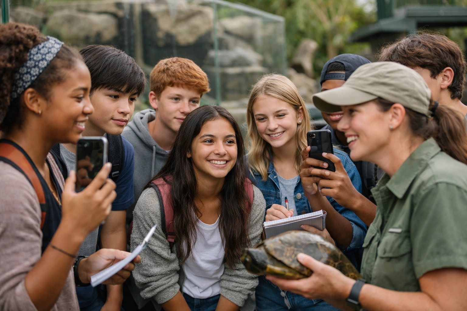 Young athletes learning about wildlife conservation from zoo educator during educational program