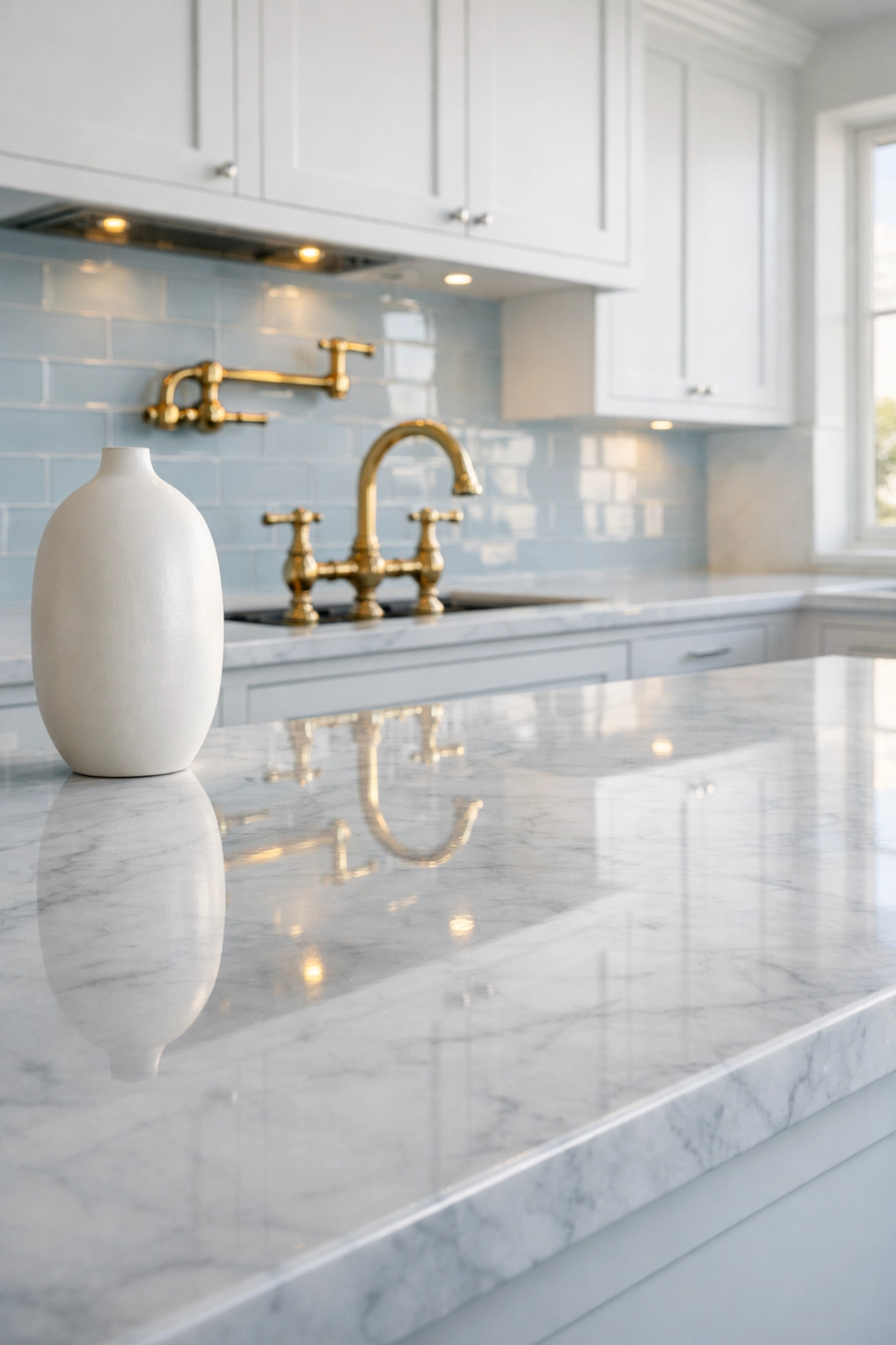 Pristine Carrara marble kitchen countertop in a Dover estate cleaned with eco-friendly products.