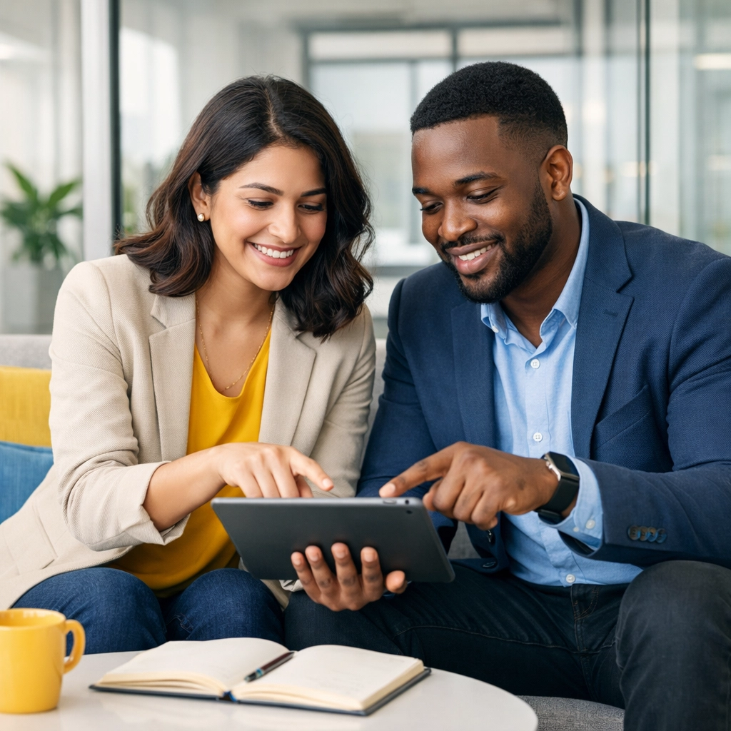 Nonprofit professionals collaborating on a mobile fundraising strategy in a modern workspace.