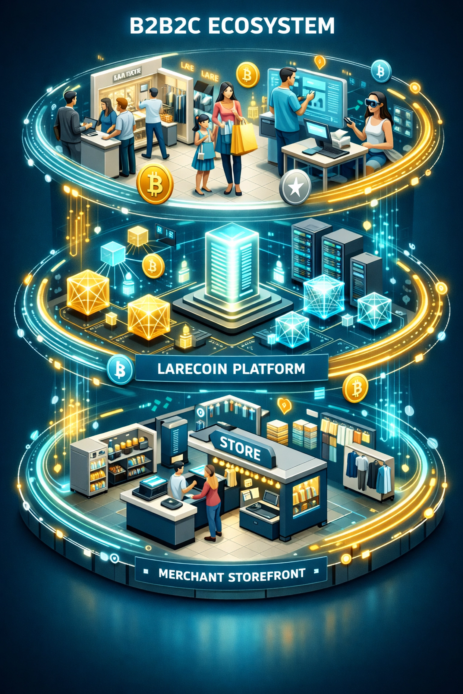 B2B2C ecosystem diagram showing merchants, Larecoin platform infrastructure, and consumer shopping layers