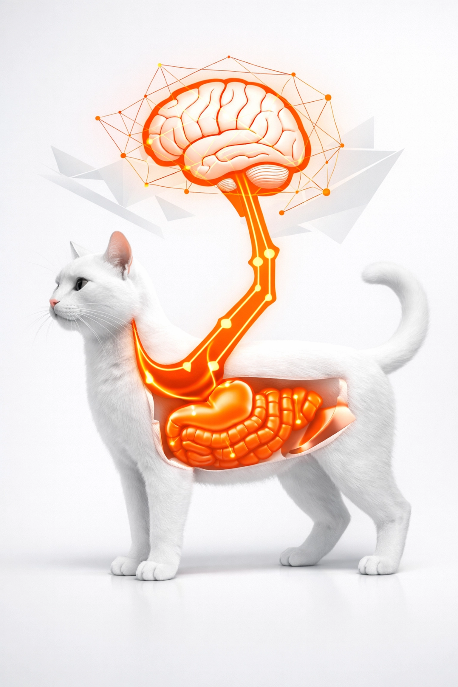 Diagram of cat gut-brain connection showing neural pathways between digestive system and brain