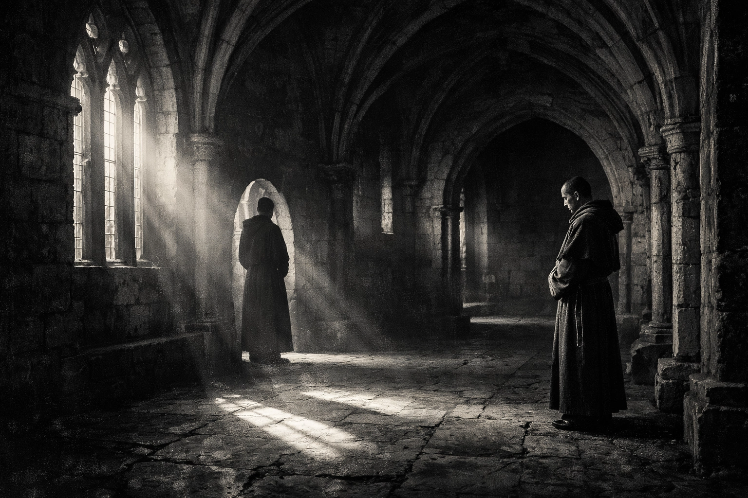 Medieval monastery corridor where monks expressed forbidden love and longing