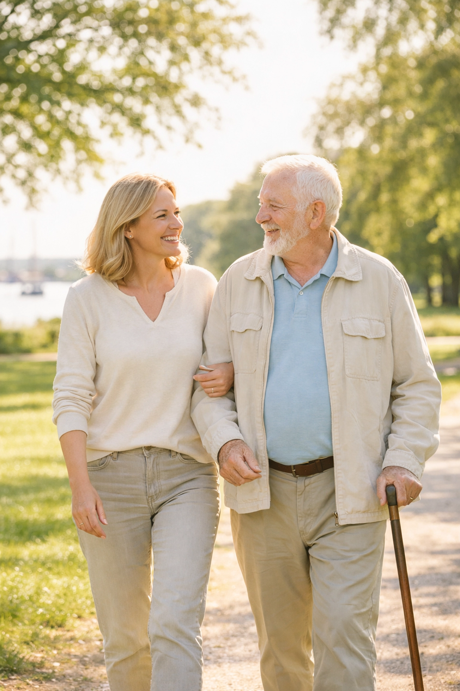 Senior man and his daughter walking in a Southampton park, representing a positive future for family care.