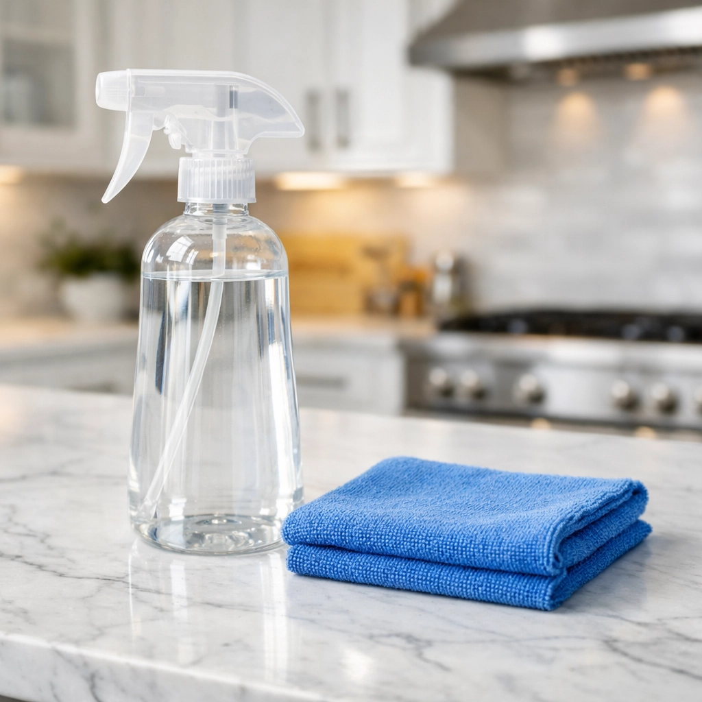 Sustainable house cleaning Marlborough tools and microfiber cloth on a sanitized marble kitchen island.