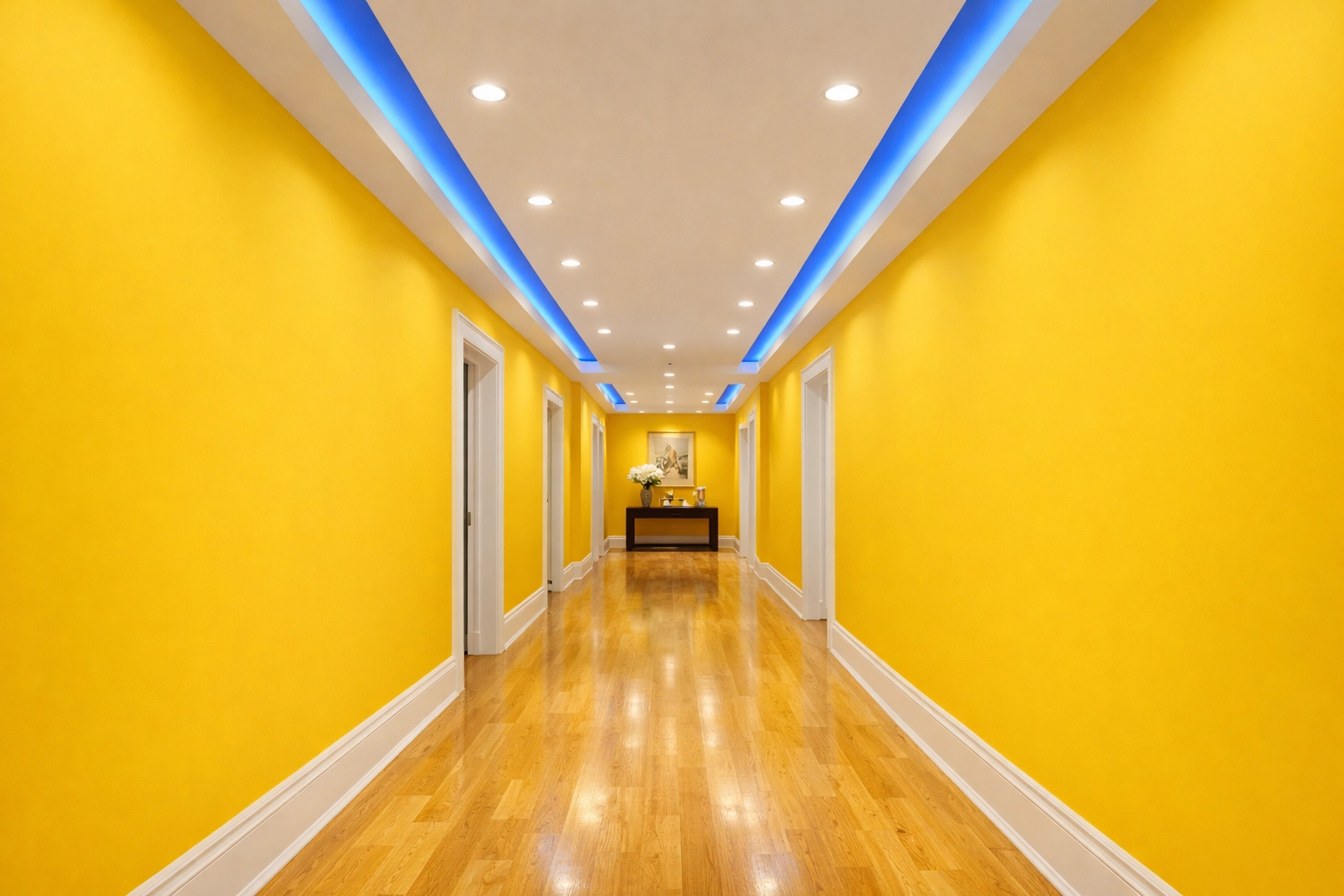 A luxury hallway with flawless yellow paint and no visible smudges or scuff marks.