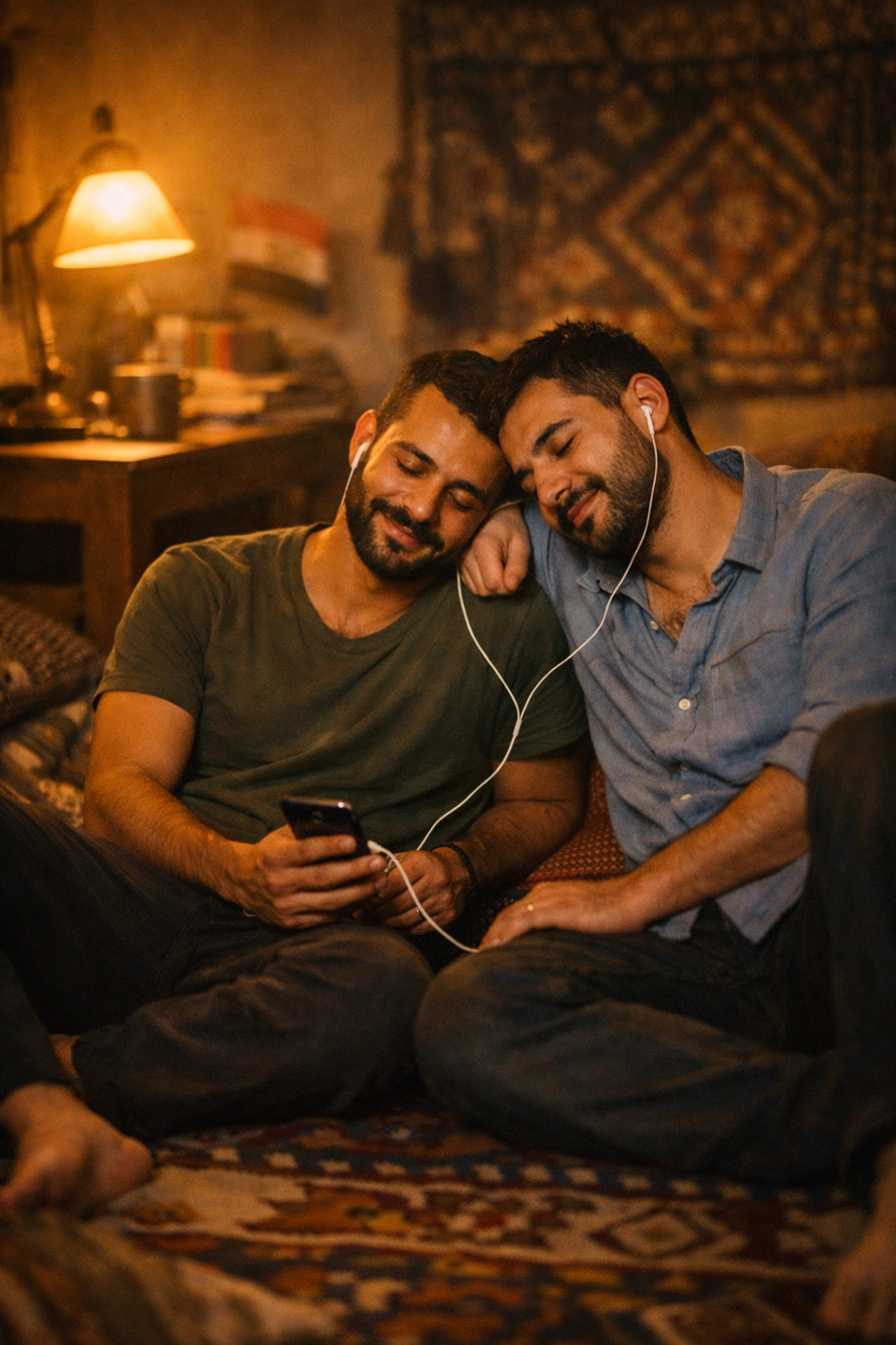 Two men finding safety in a Middle Eastern safe house sanctuary while sharing a quiet moment together.