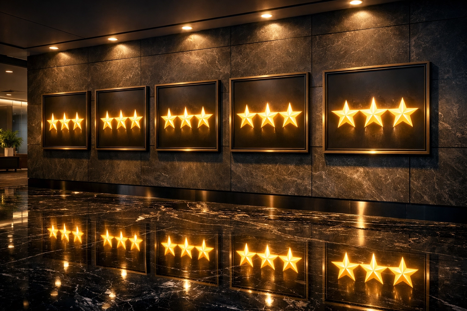 A professional gallery wall featuring golden five-star ratings representing a vault of social proof.