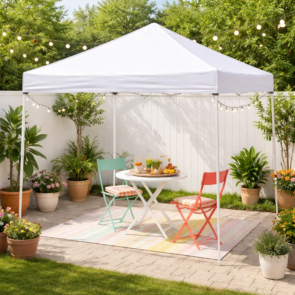 White 10x10 popup canopy tent on a small backyard patio with string lights and a bistro table, perfect for compact event rentals.