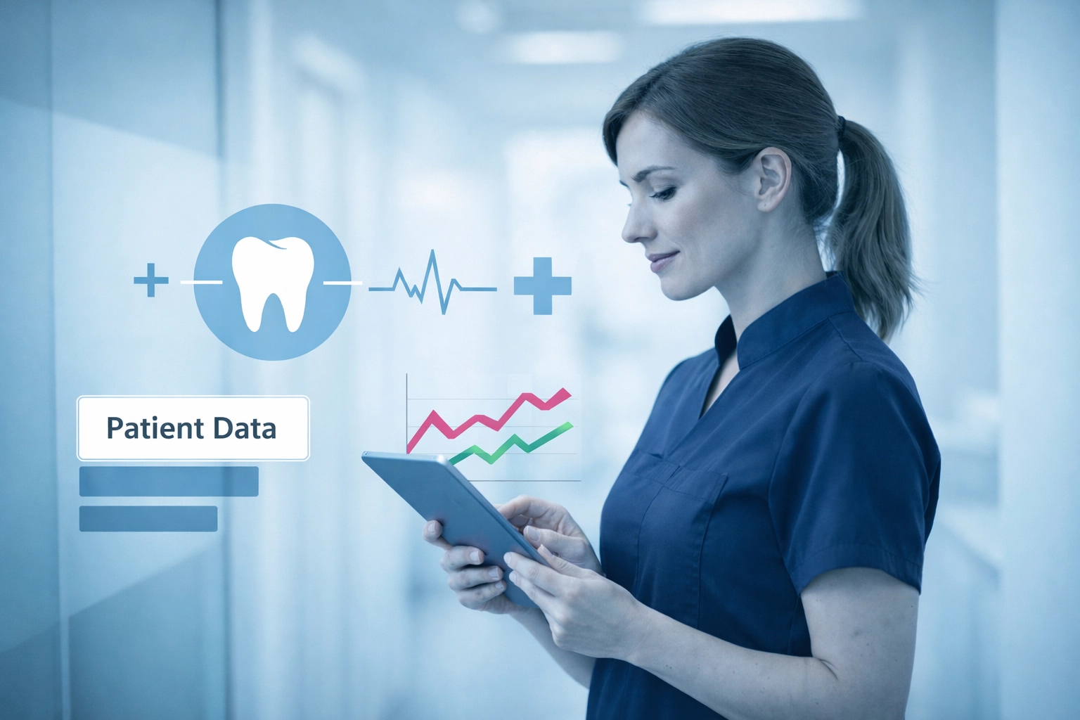 Professional dental nurse reviewing a salary guide on a tablet to check the average dental nurse uk salary.