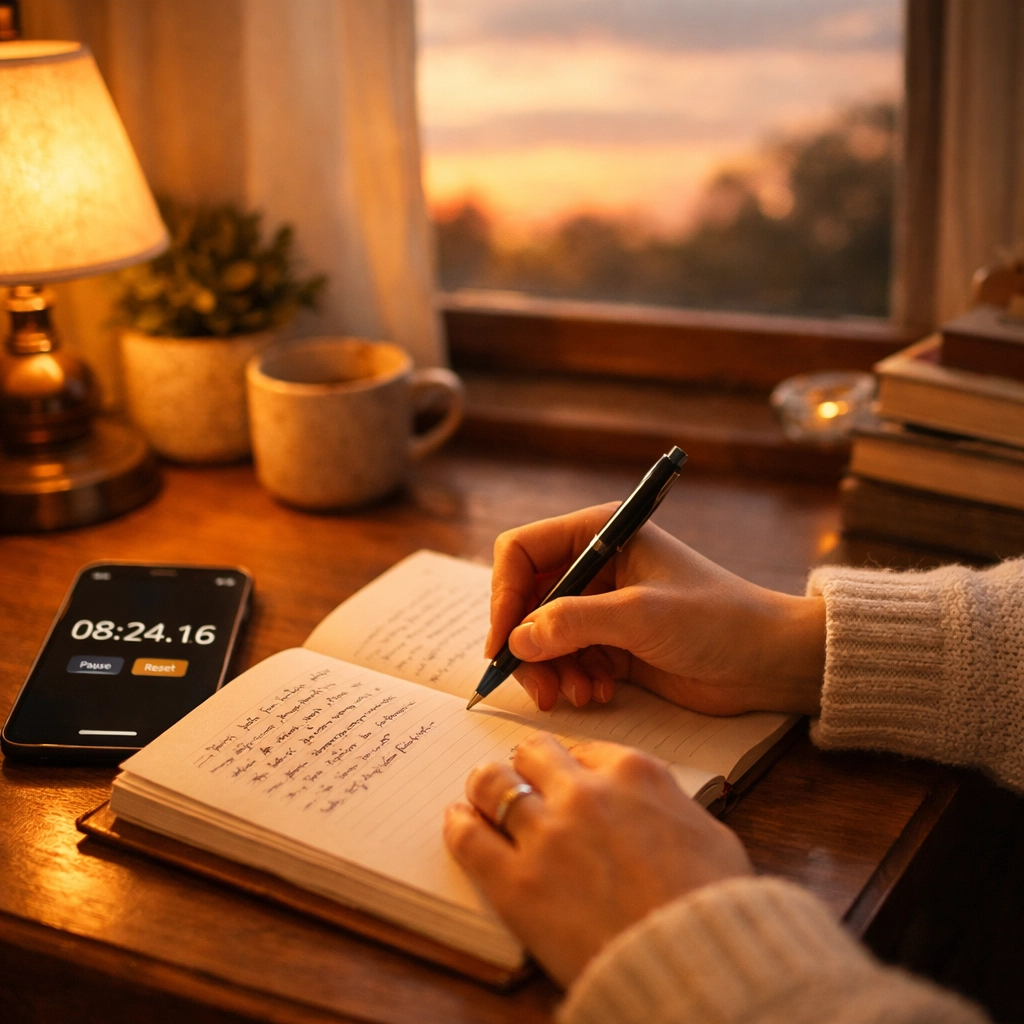 Hands writing in journal at desk with timer during evening reflection and prayer routine