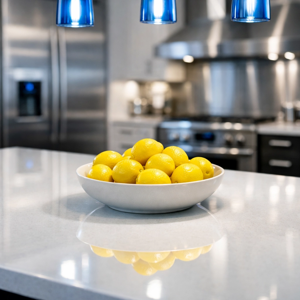 Spotless modern kitchen in Wellfleet featuring a sparkling quartz island and streak-free appliances.