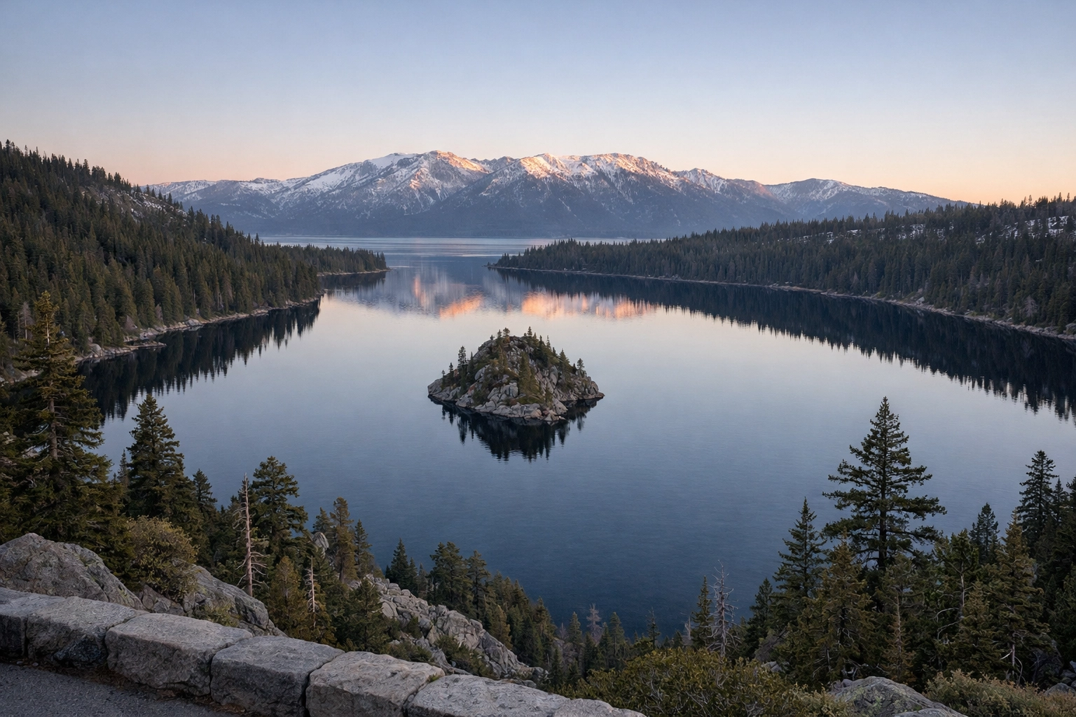 Sunrise over Emerald Bay and Fannette Island, a prime spot for landscape photography at Lake Tahoe.